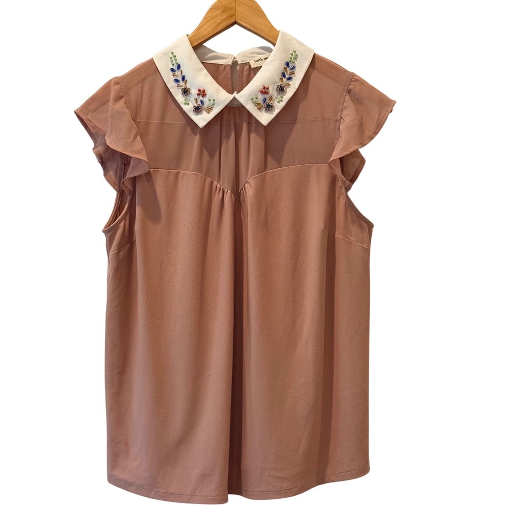 Coquette Twee Babydoll Top Beaded Peter Pan Collar Blouse Pink Flutter Sleeve S